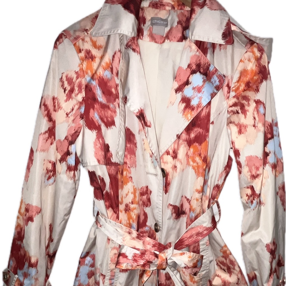 Chicos Womens 4/6 Floral Trench Raincoat With Removable Hood
